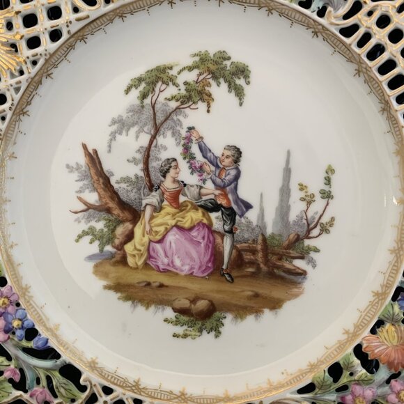 Helena Wolfsohn Reticulated Plate 8.5" Watteau Couple Scene Dresden Germany 5 - Picture 2 of 7